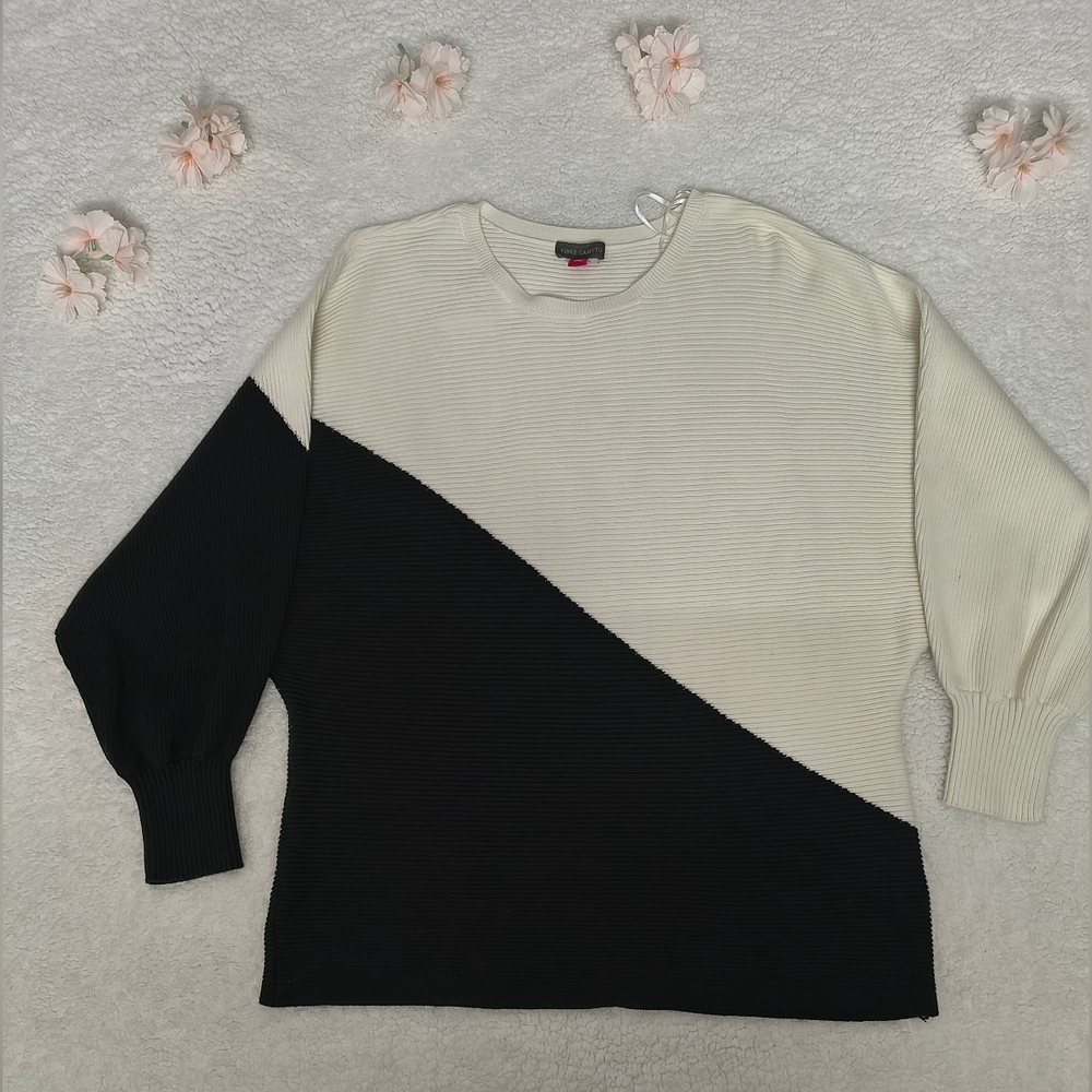 Vince Camuto Black and Cream Diagonal Colorblock Crewneck Sweater